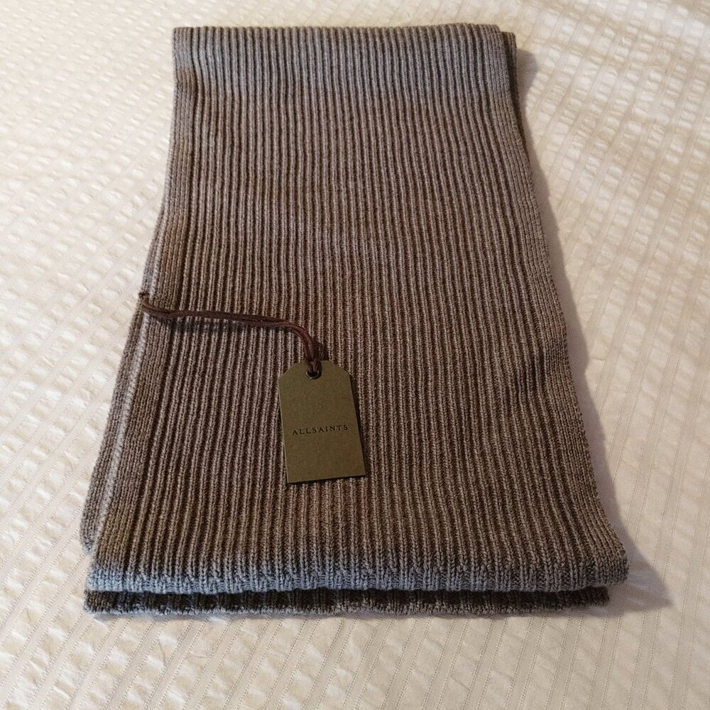NWT All Saints 100% Merino Wool Gray Marl Rib Knit Scarf